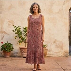 Peruvian Connection Red Floral Maxi Dress Women's Size 10 Cotton Warm Tones Fall